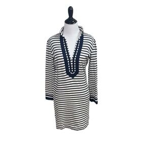 Tory Burch Women's S Small Mini Knit Dress Striped Nautical Long Sleeves V-Neck